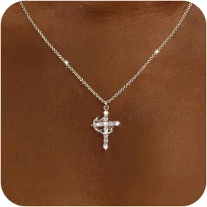 Tewiky Crown Cross Necklace for women-Dainty Sterling Silver/14k Gold Cubic Zirconia Pendant Necklaces Simple Gold Cross Pendant Necklace Cute Tiny Gold Jewelry