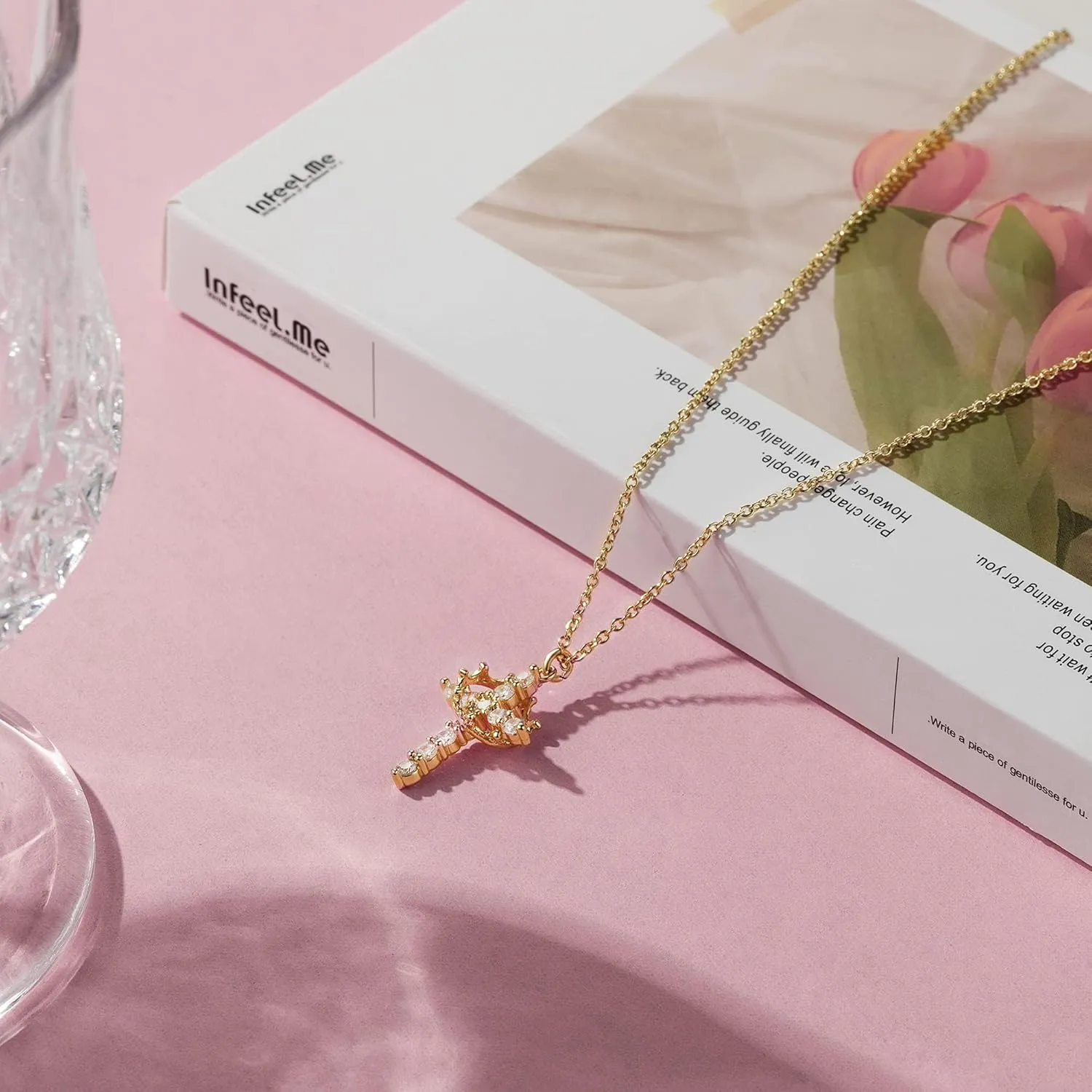 Tewiky Crown Cross Necklace for women-Dainty Sterling Silver/14k Gold Cubic Zirconia Pendant Necklaces Simple Gold Cross Pendant Necklace Cute Tiny Gold Jewelry