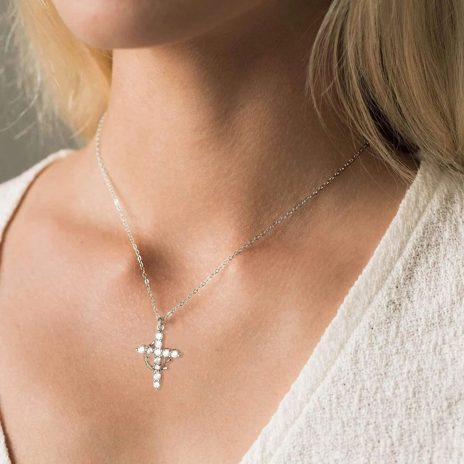 Tewiky Crown Cross Necklace for women-Dainty Sterling Silver/14k Gold Cubic Zirconia Pendant Necklaces Simple Gold Cross Pendant Necklace Cute Tiny Gold Jewelry
