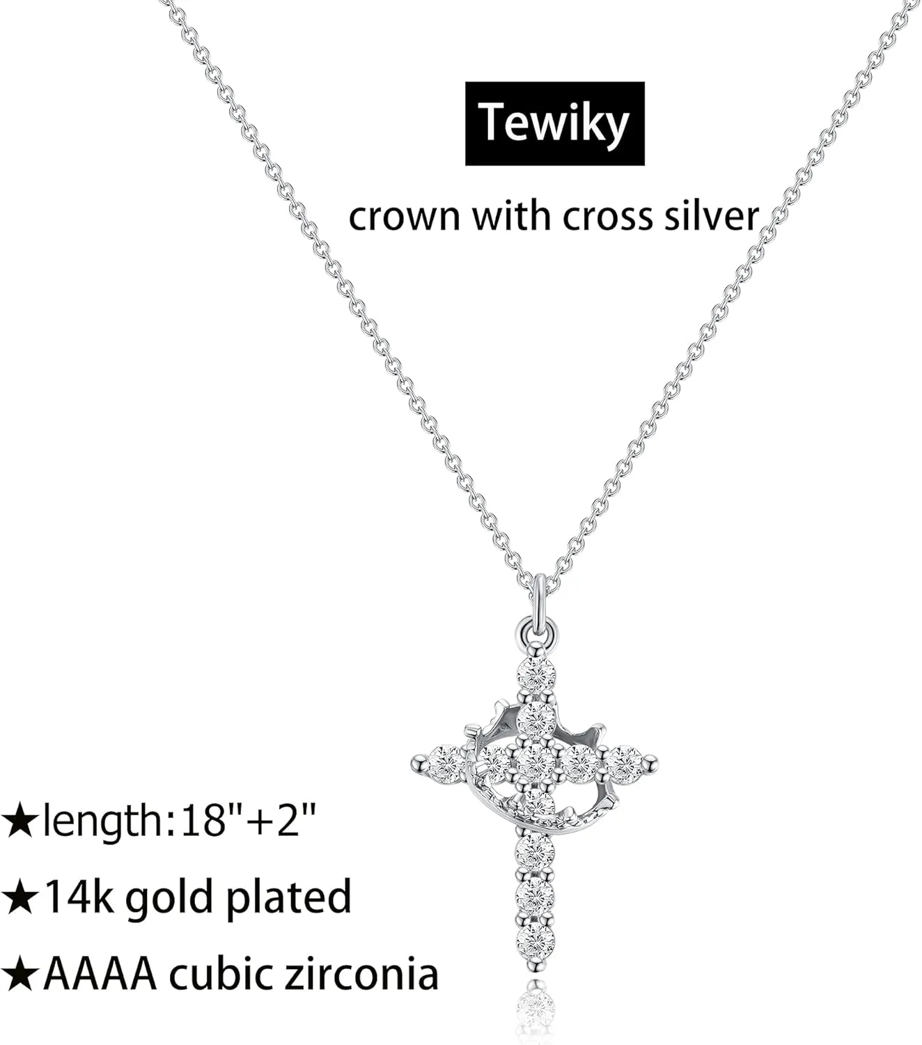Tewiky Crown Cross Necklace for women-Dainty Sterling Silver/14k Gold Cubic Zirconia Pendant Necklaces Simple Gold Cross Pendant Necklace Cute Tiny Gold Jewelry
