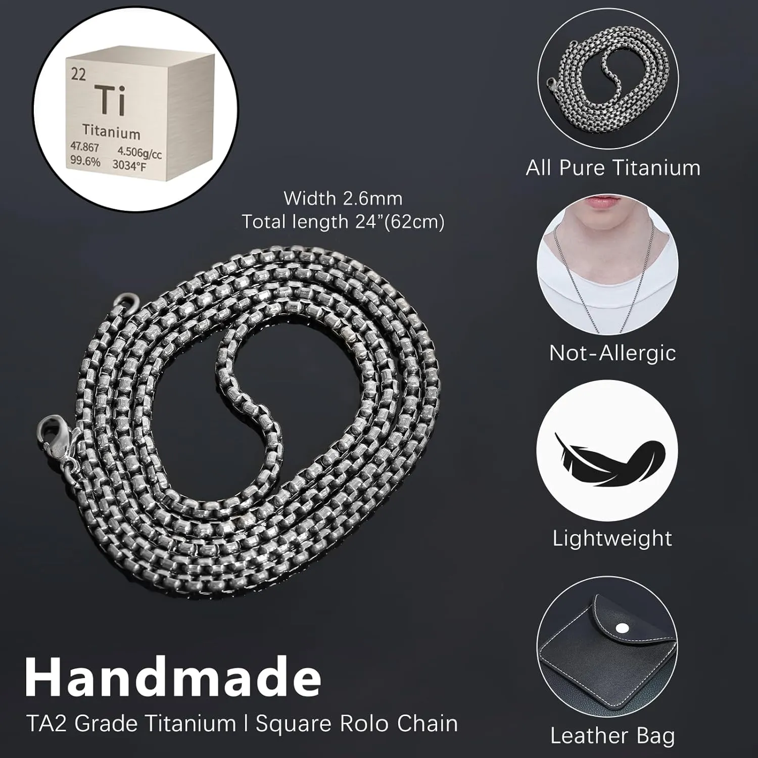 TGNEL 2.6mm Pure Titanium Box Chain Necklace for Men, Fashion Square Mens Pure Titanium Chain for Sensitive Skin 22'' 24''