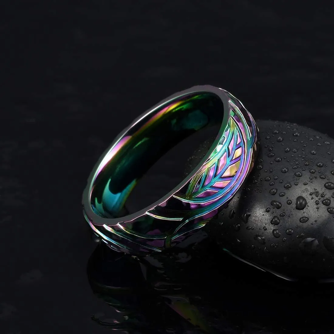 THREE KEYS JEWELRY 6mm Rainbow Color Plated Titanium Ring Leaf Texture Pattern Engraved Hammered Design Wedding Band Engagement Ring for Men Women Comfort Fit 7-14