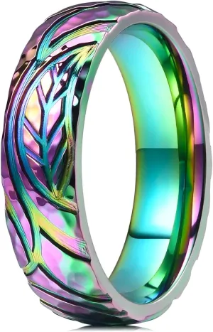 THREE KEYS JEWELRY 6mm Rainbow Color Plated Titanium Ring Leaf Texture Pattern Engraved Hammered Design Wedding Band Engagement Ring for Men Women Comfort Fit 7-14