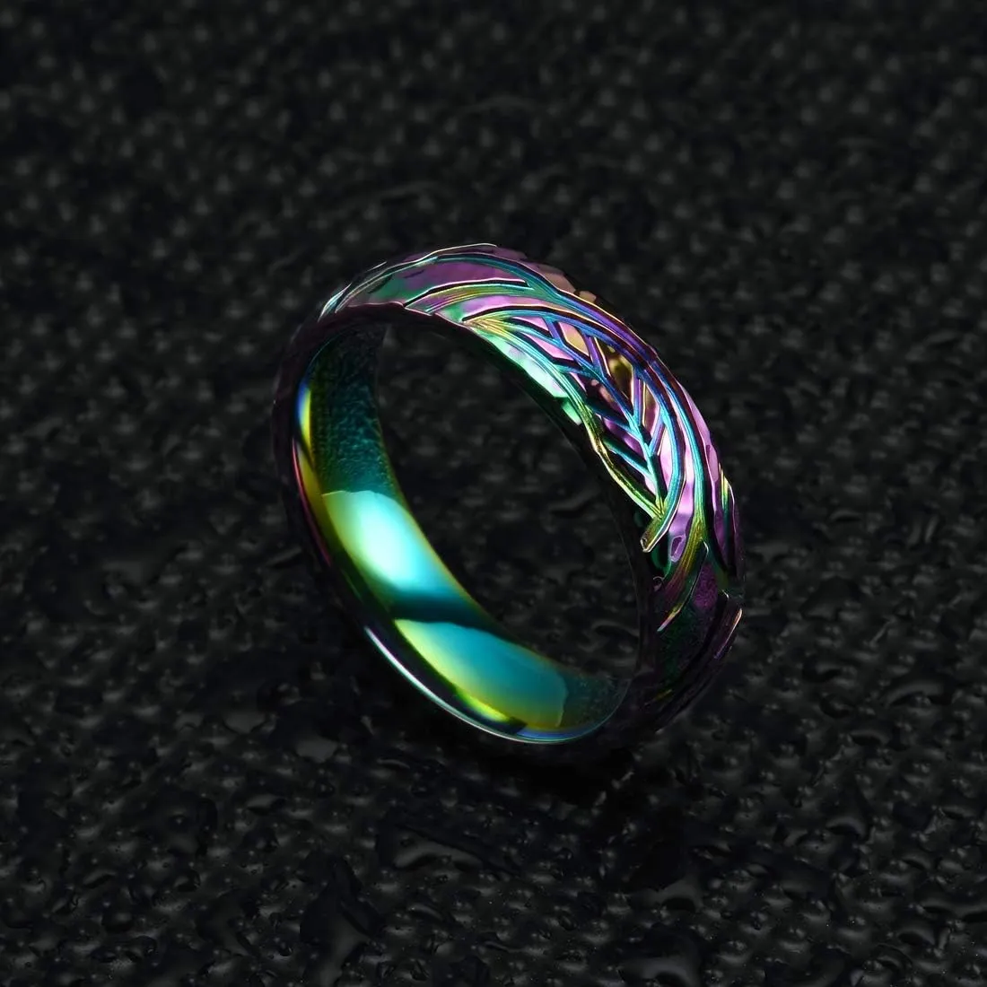 THREE KEYS JEWELRY 6mm Rainbow Color Plated Titanium Ring Leaf Texture Pattern Engraved Hammered Design Wedding Band Engagement Ring for Men Women Comfort Fit 7-14