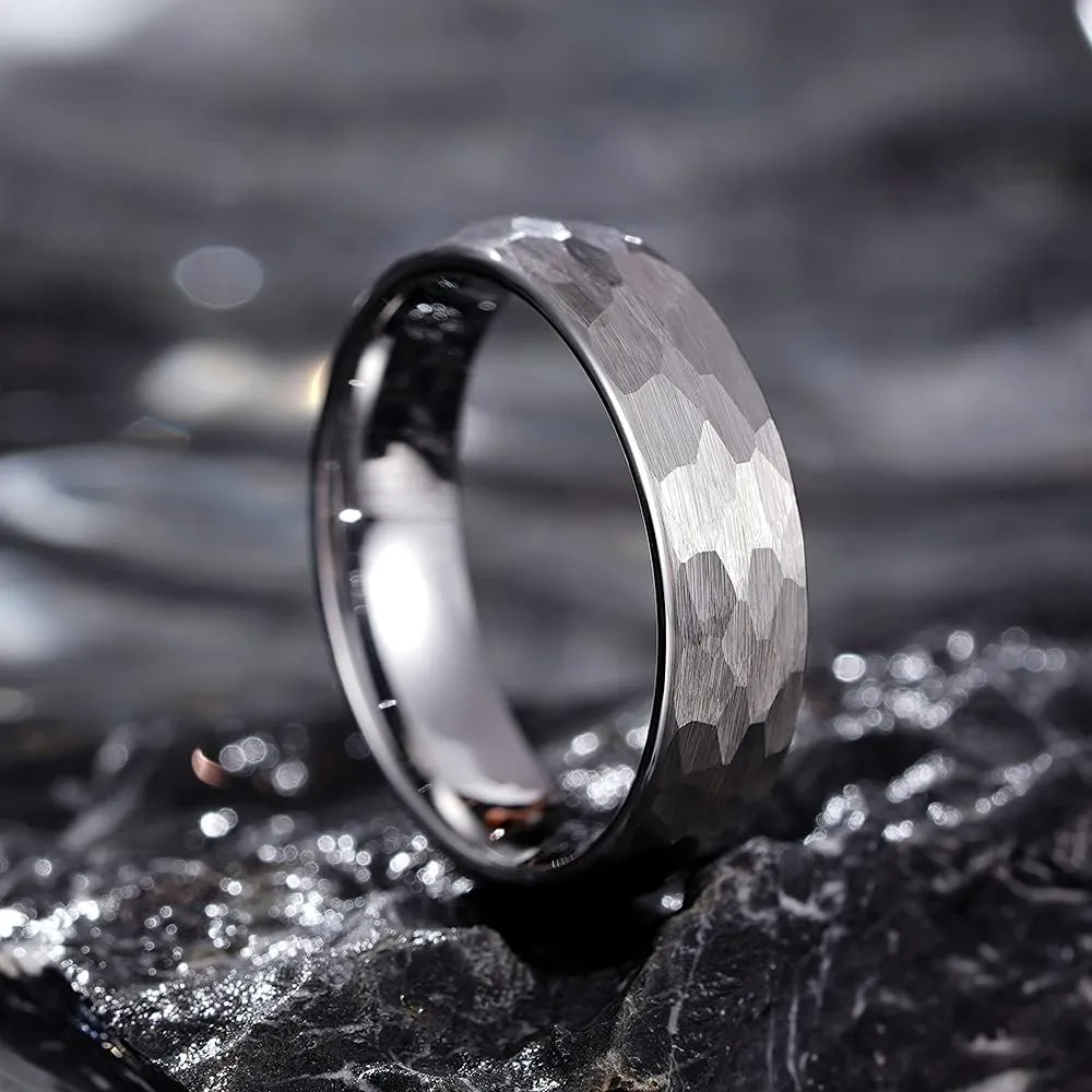 THREE KEYS JEWELRY Mens Womens Tungsten Carbide Unisex Wedding Hammered Bands Rings for Men Women 6mm/8mm Comfort Fit Vintage Silver/Personlized Rings/Custom Rings