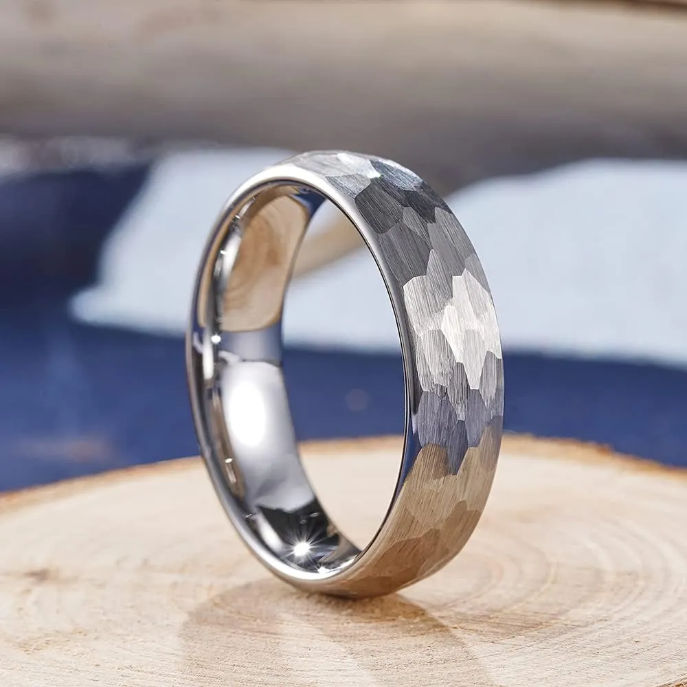 THREE KEYS JEWELRY Mens Womens Tungsten Carbide Unisex Wedding Hammered Bands Rings for Men Women 6mm/8mm Comfort Fit Vintage Silver/Personlized Rings/Custom Rings