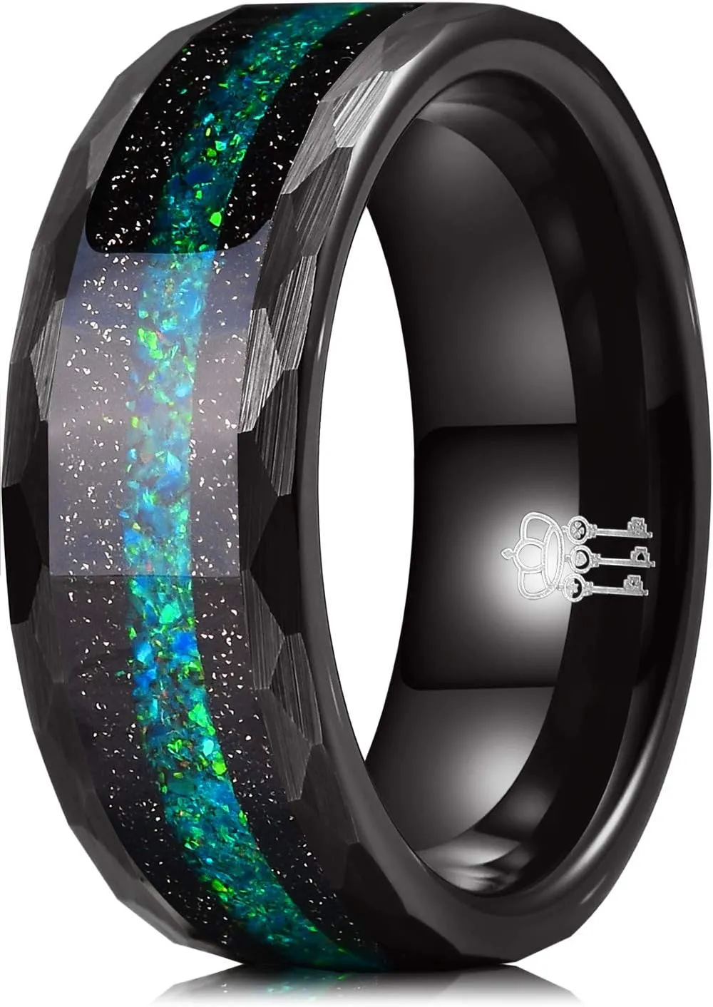 THREE KEYS JEWELRY Mens Womens Tungsten Rings 8mm 4mm Galaxy Series Created-opal Colorful Blue White Green Inlay Hammered Wedding Bands