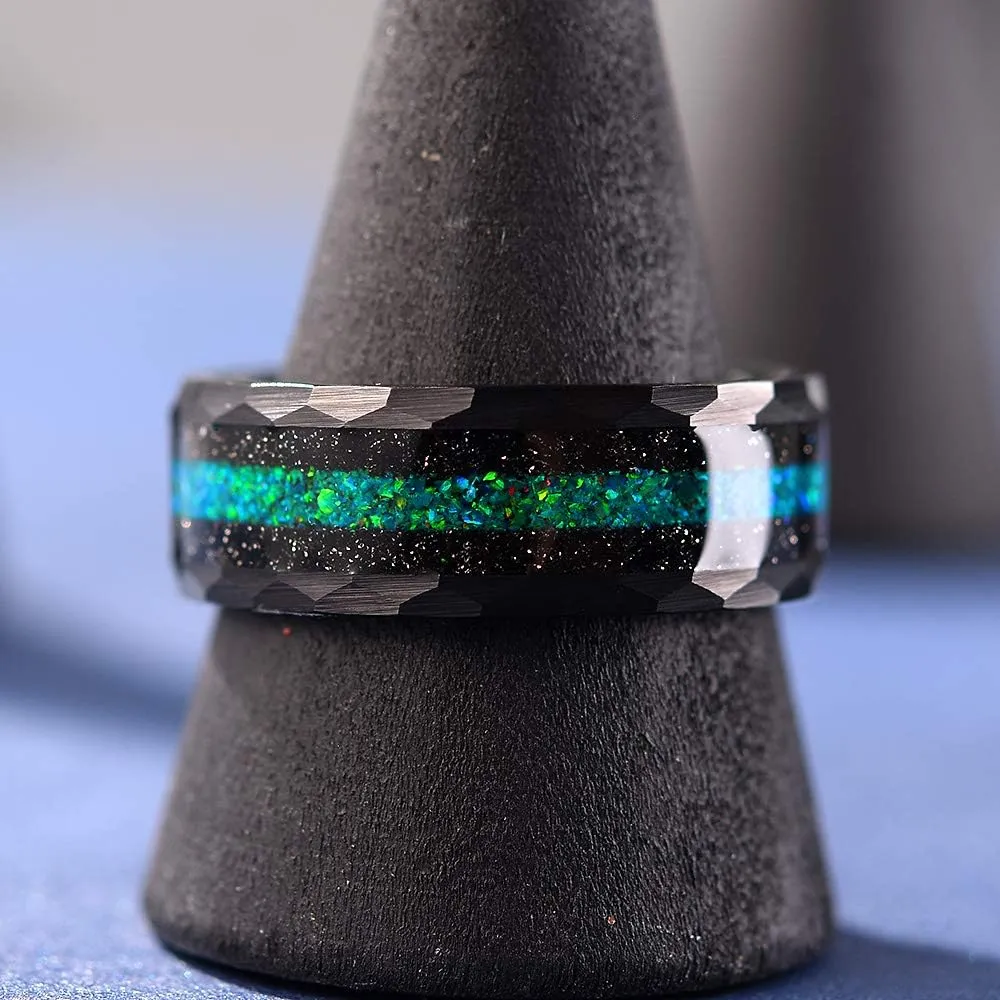 THREE KEYS JEWELRY Mens Womens Tungsten Rings 8mm 4mm Galaxy Series Created-opal Colorful Blue White Green Inlay Hammered Wedding Bands
