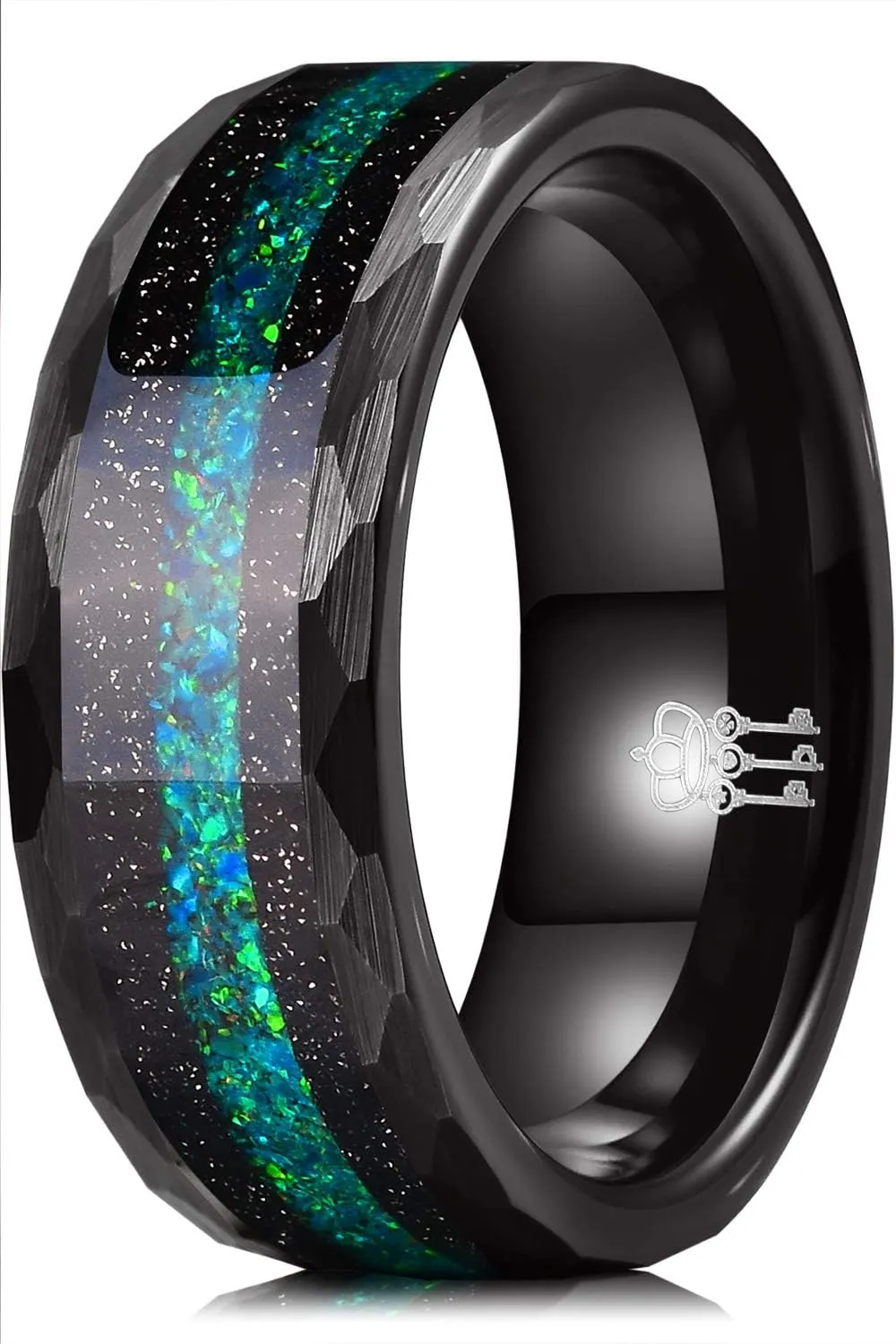 THREE KEYS JEWELRY Mens Womens Tungsten Rings 8mm 4mm Galaxy Series Created-opal Colorful Blue White Green Inlay Hammered Wedding Bands