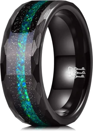 THREE KEYS JEWELRY Mens Womens Tungsten Rings 8mm 4mm Galaxy Series Created-opal Colorful Blue White Green Inlay Hammered Wedding Bands