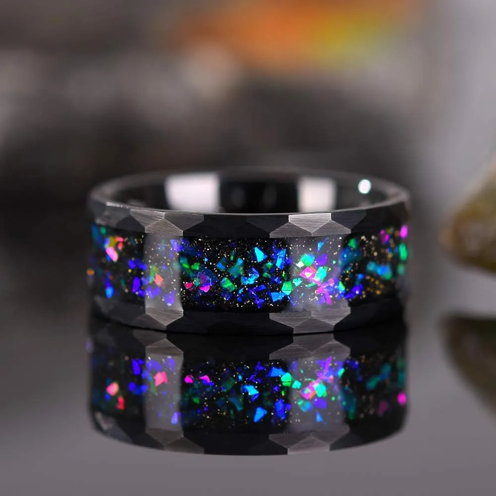 THREE KEYS JEWELRY Mens Womens Tungsten Rings 8mm 4mm Galaxy Series Created-opal Inlay Wedding Bands