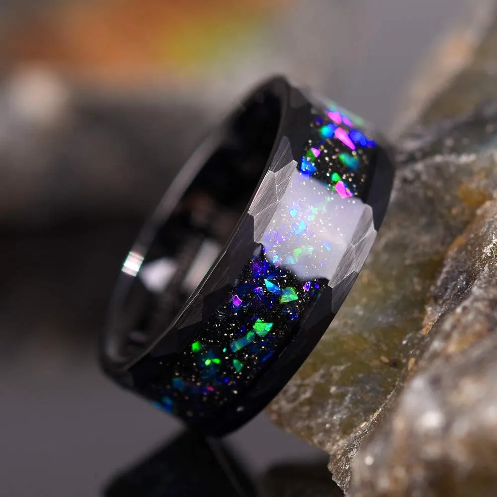 THREE KEYS JEWELRY Mens Womens Tungsten Rings 8mm 4mm Galaxy Series Created-opal Inlay Wedding Bands