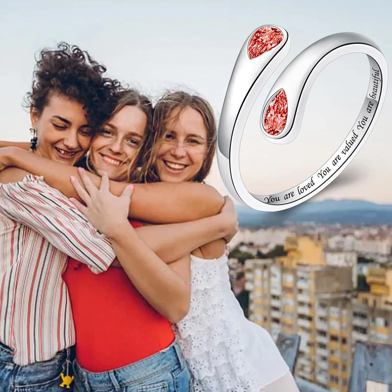 Thumb Rings for Women - 925 Sterling Silver Birthstone Open Teardrop Encouragement Adjustable Ring Women Gifts for Teens Mom Birthday Mother's Day St Patricks Day