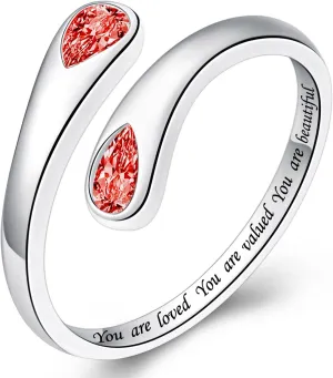Thumb Rings for Women - 925 Sterling Silver Birthstone Open Teardrop Encouragement Adjustable Ring Women Gifts for Teens Mom Birthday Mother's Day St Patricks Day