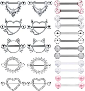 TIANCI FBYJS 11 Pairs Stainless Steel 14G Nipple Rings Nipplerings CZ Heart Tongue Shield Barbell Rings Retainer Body Piercing Jewelry for Women 9/16Inch