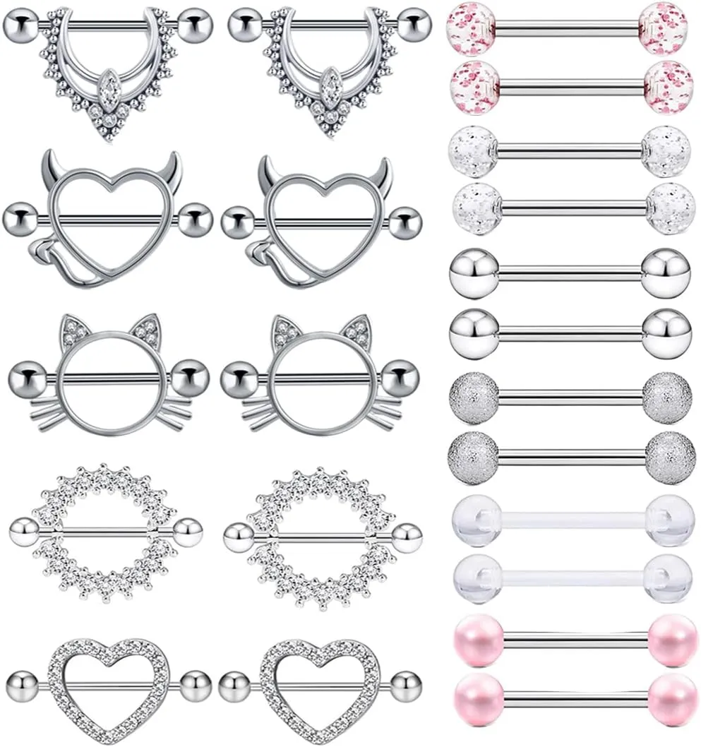 TIANCI FBYJS 11 Pairs Stainless Steel 14G Nipple Rings Nipplerings CZ Heart Tongue Shield Barbell Rings Retainer Body Piercing Jewelry for Women 9/16Inch