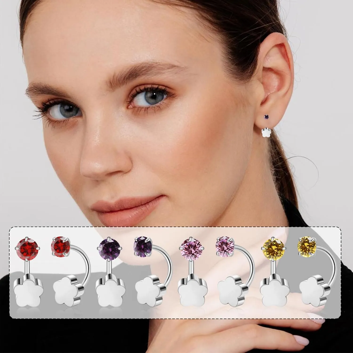 Tiny 3mm Birthstone Earrings Small Huggie Half Hoop Earrings with Flower Flat Back for Women GirlsG23 Hypoallergenic Minimalist Tiny Cartilage Earring (Gold, July- Red Ruby)