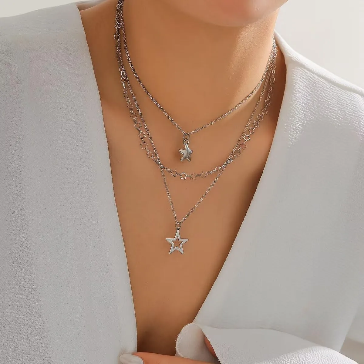 Todu 2-3 Pcs Y2k Necklace Layered Star Pendant Necklace Set Fashion Hollow Five-Pointed Star Choker Necklace Simple For Women Jewelry Gift