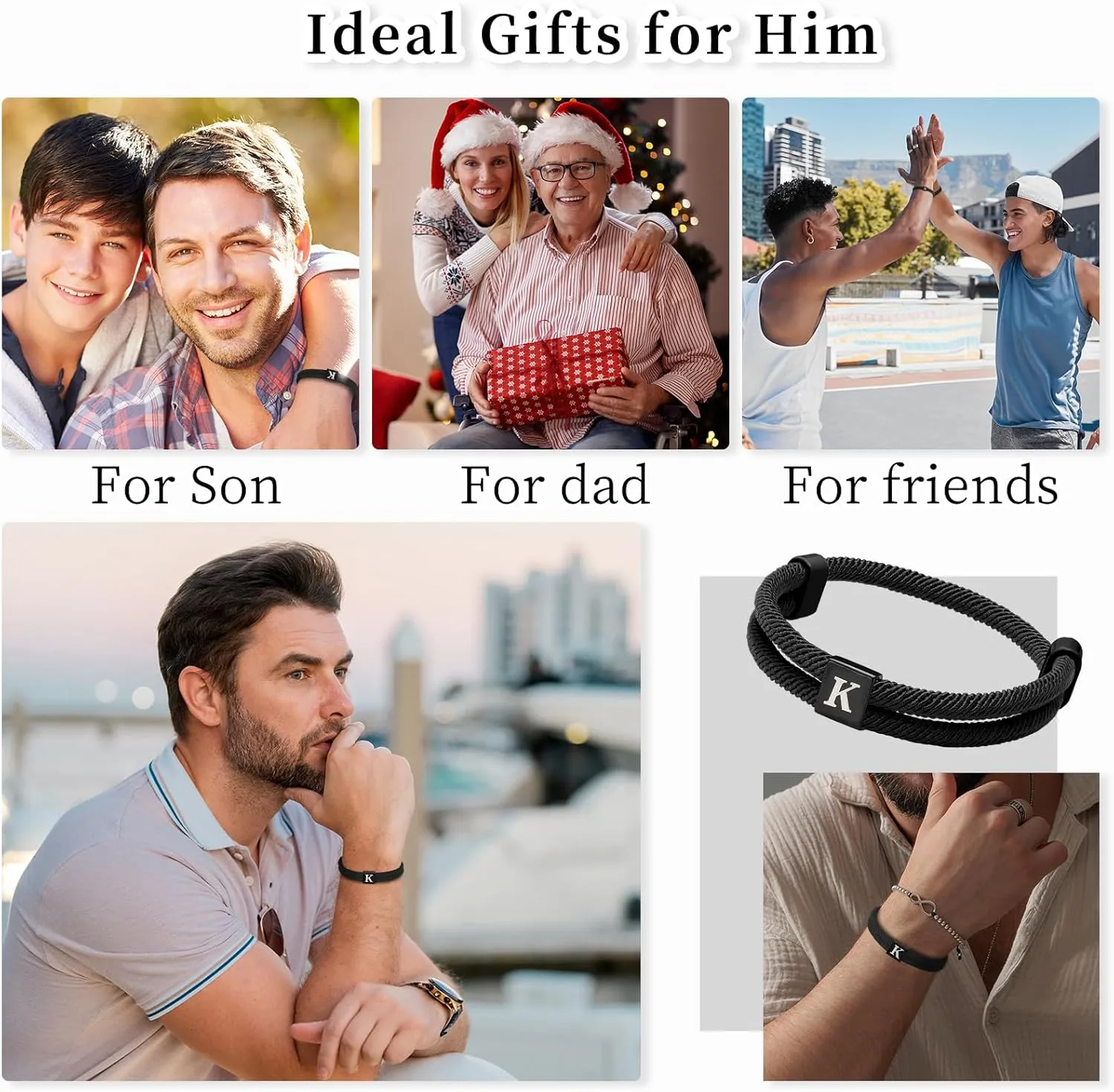 Tondiamo Rope Initial Bracelet with Stainless Steel Letter Charm Adjustable Handmade Braided Bracelet for Men Women