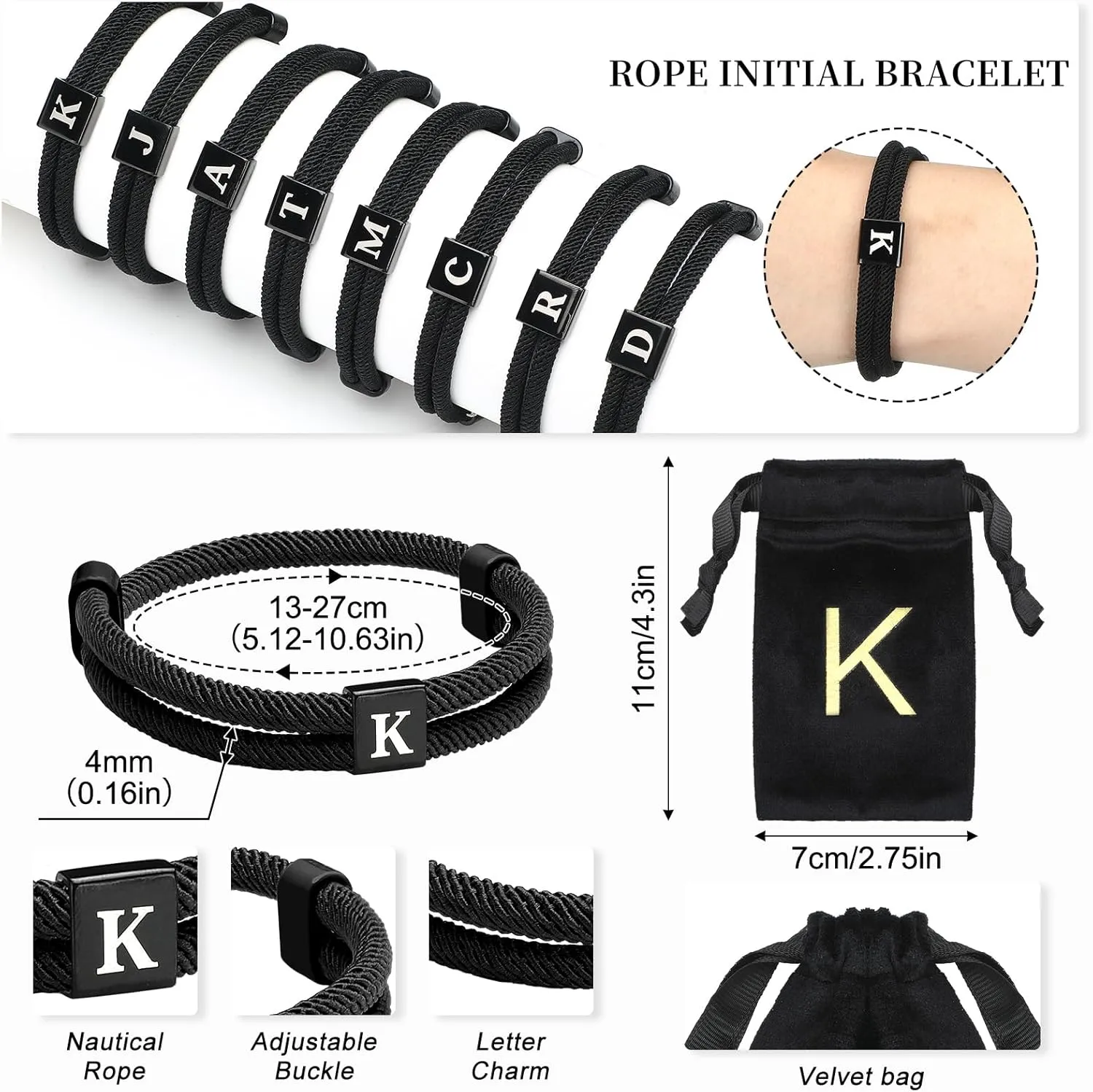 Tondiamo Rope Initial Bracelet with Stainless Steel Letter Charm Adjustable Handmade Braided Bracelet for Men Women