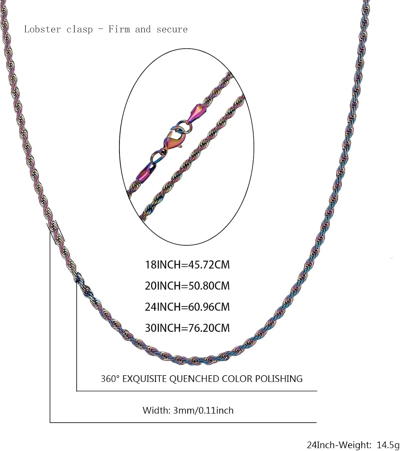 TOPGRILLZ 3MM Rainbow Twist Rope Chain Necklace Polished Stainless Steel Solid Colorful Thin Necklace Choker For Men Women