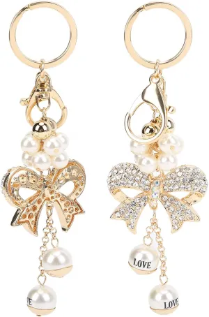 TOPINCN Bow Key Chains 2Pcs Keychain Couple Festival Pendant Sister Charm Suit Ornament Fashion Cute Bag Girl Car Bowknot Keychains Shaped Faux Pearl Keyring Necklace Bands