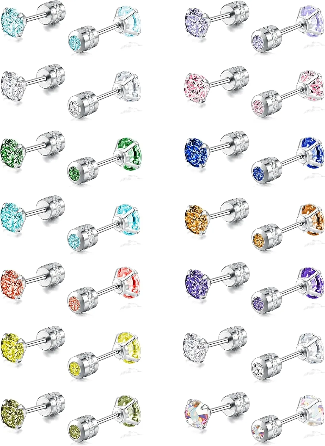 Tornito 7-14 Pairs Stainless Steel CZ Stud Earrings for Women Multicolor Cubic Zirconia Cartilage Helix Earrings Set Screwback 4MM