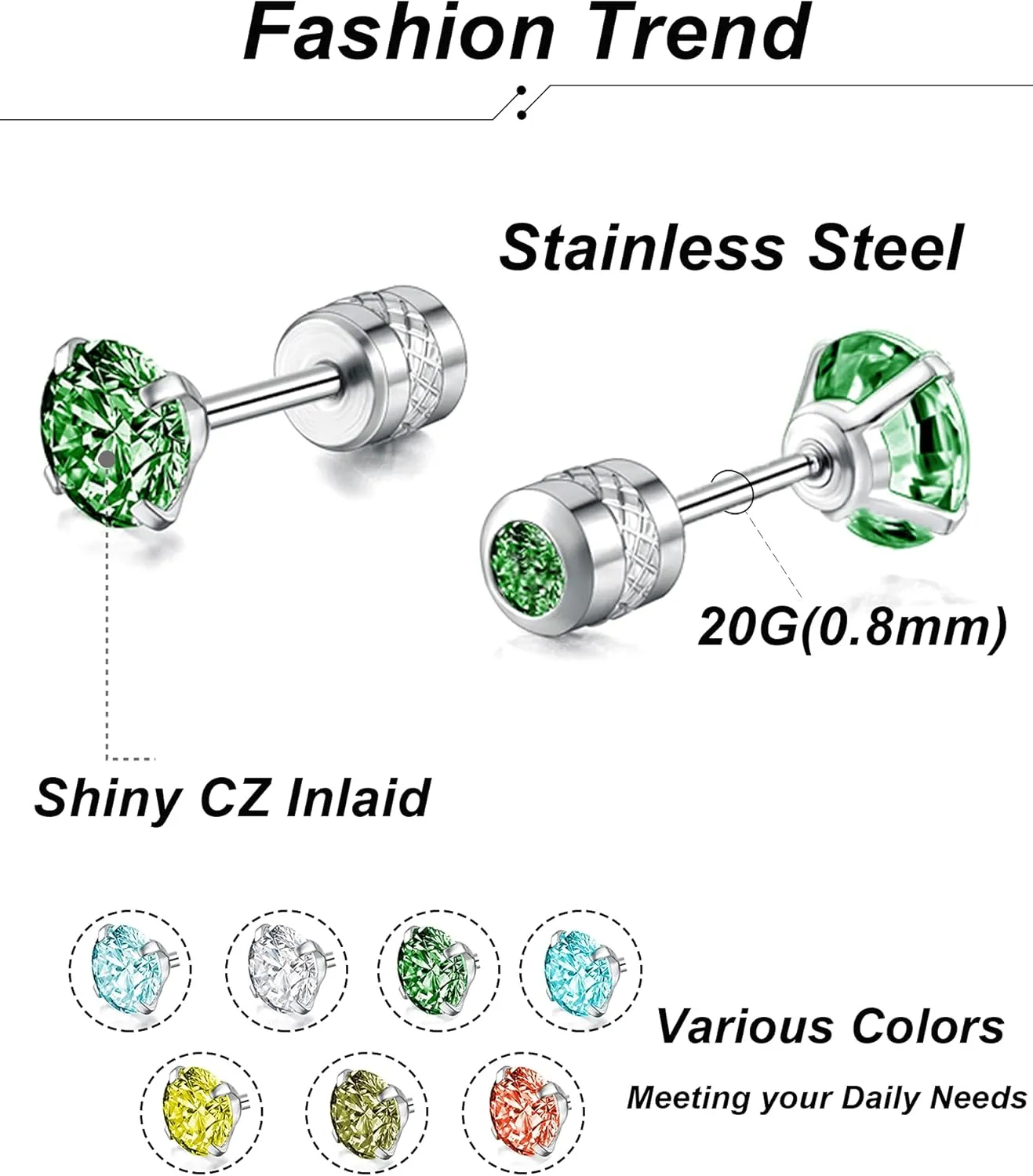 Tornito 7-14 Pairs Stainless Steel CZ Stud Earrings for Women Multicolor Cubic Zirconia Cartilage Helix Earrings Set Screwback 4MM