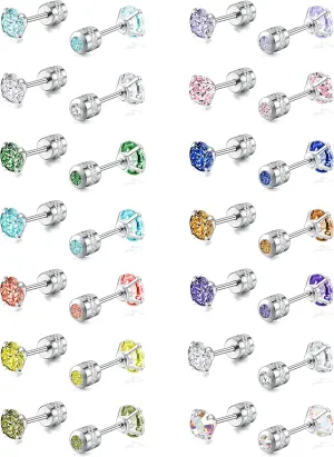 Tornito 7-14 Pairs Stainless Steel CZ Stud Earrings for Women Multicolor Cubic Zirconia Cartilage Helix Earrings Set Screwback 4MM