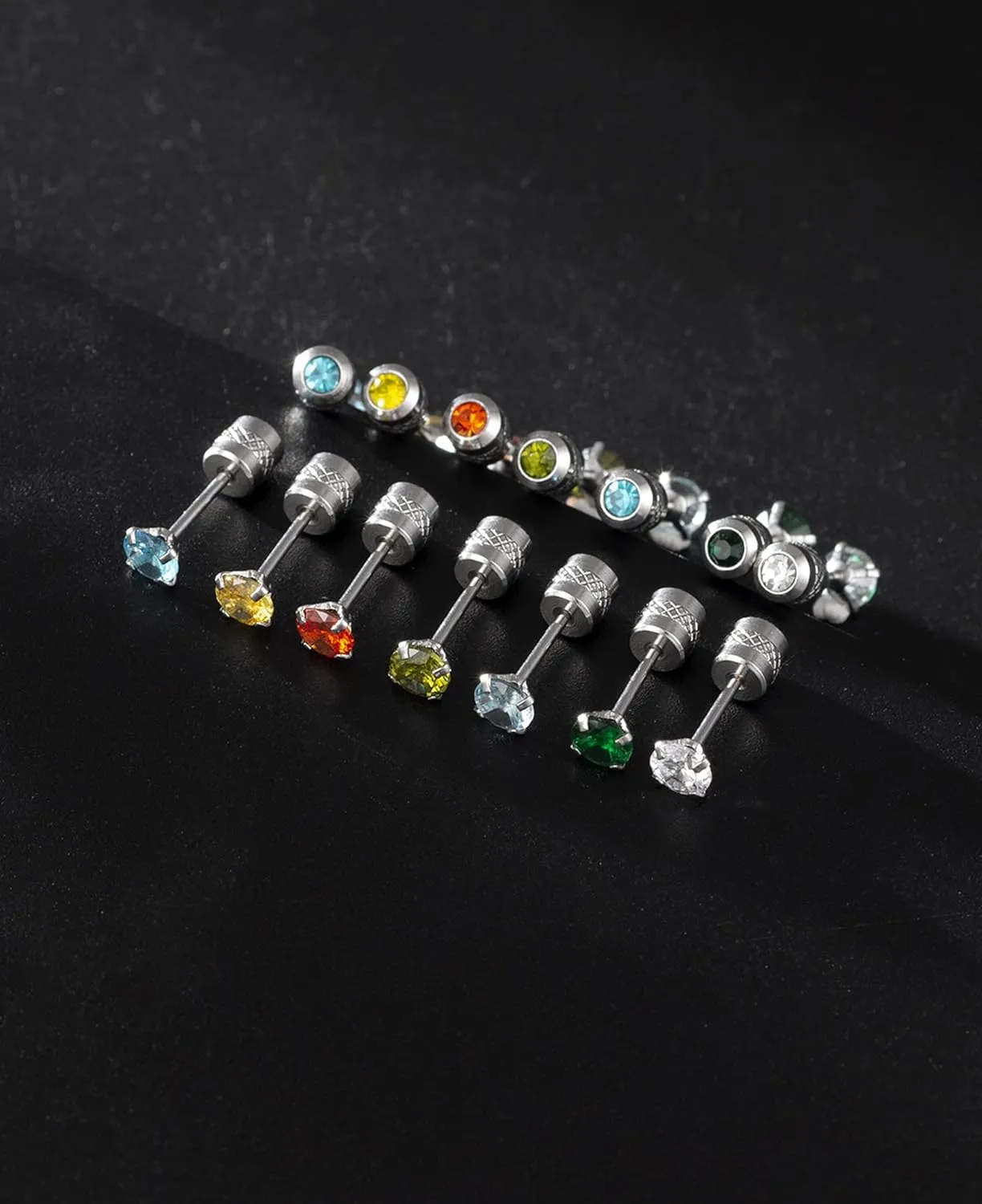 Tornito 7-14 Pairs Stainless Steel CZ Stud Earrings for Women Multicolor Cubic Zirconia Cartilage Helix Earrings Set Screwback 4MM