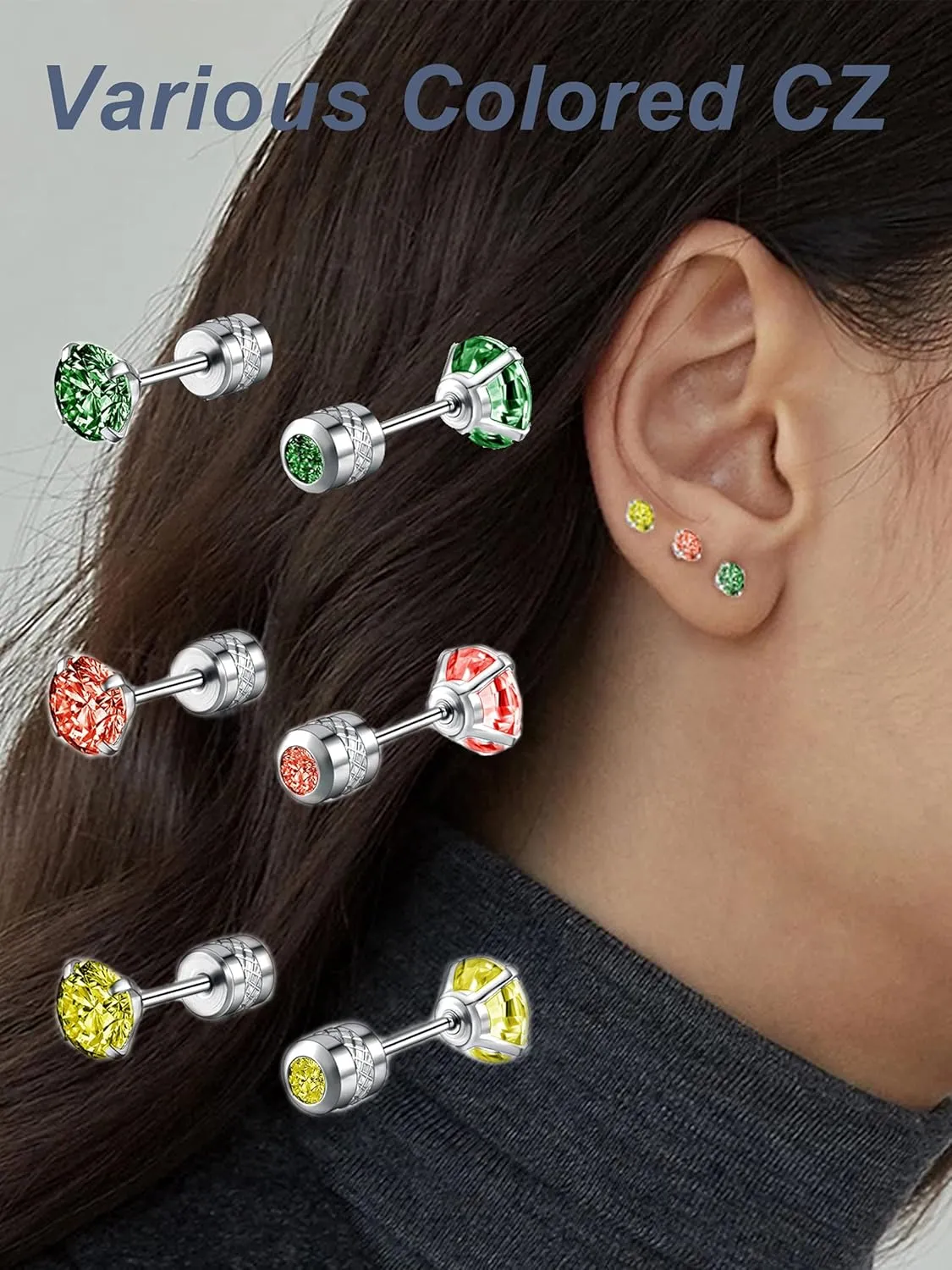 Tornito 7-14 Pairs Stainless Steel CZ Stud Earrings for Women Multicolor Cubic Zirconia Cartilage Helix Earrings Set Screwback 4MM