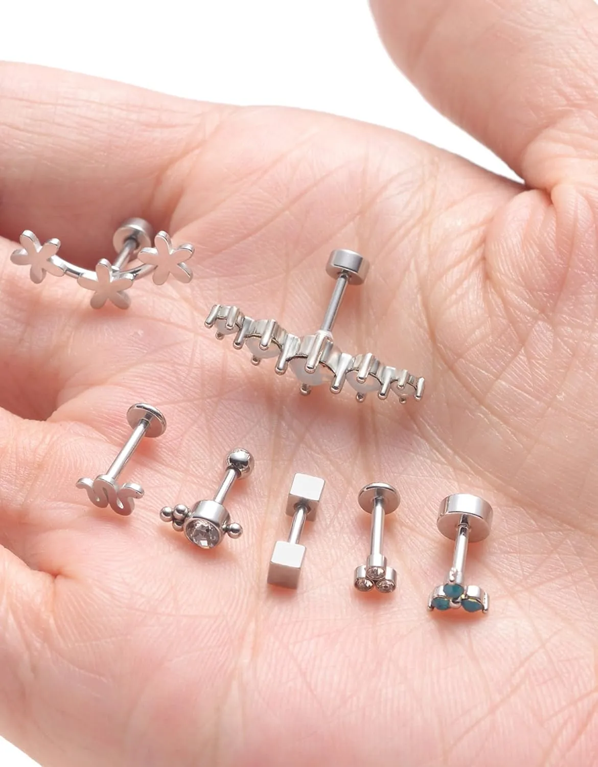 Tornito 9-30Pcs Cartilage CZ Stud Earrings Conch Forward Helix Tragus Daith Piercing Lip Rings Snake Heart Butterfly Jewelry for Women Men 16G Silver Gold Tone