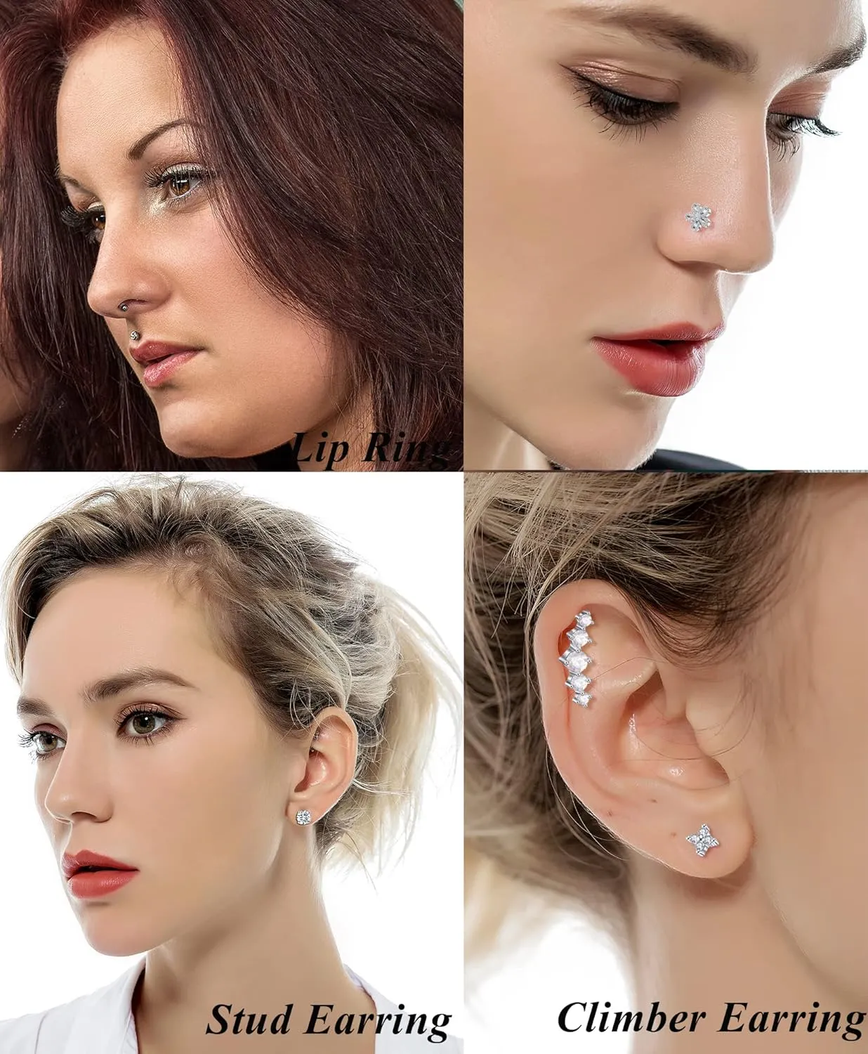 Tornito 9-30Pcs Cartilage CZ Stud Earrings Conch Forward Helix Tragus Daith Piercing Lip Rings Snake Heart Butterfly Jewelry for Women Men 16G Silver Gold Tone