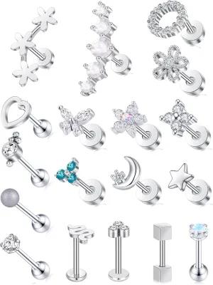 Tornito 9-30Pcs Cartilage CZ Stud Earrings Conch Forward Helix Tragus Daith Piercing Lip Rings Snake Heart Butterfly Jewelry for Women Men 16G Silver Gold Tone