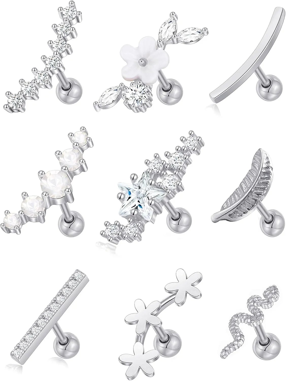 Tornito 9-30Pcs Cartilage CZ Stud Earrings Conch Forward Helix Tragus Daith Piercing Lip Rings Snake Heart Butterfly Jewelry for Women Men 16G Silver Gold Tone