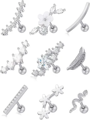 Tornito 9-30Pcs Cartilage CZ Stud Earrings Conch Forward Helix Tragus Daith Piercing Lip Rings Snake Heart Butterfly Jewelry for Women Men 16G Silver Gold Tone