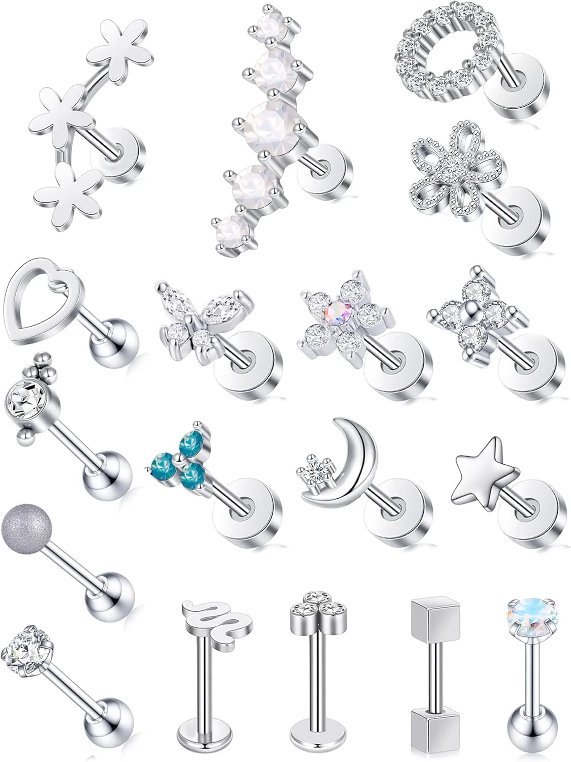 Tornito 9-30Pcs Cartilage CZ Stud Earrings Conch Forward Helix Tragus Daith Piercing Lip Rings Snake Heart Butterfly Jewelry for Women Men 16G Silver Gold Tone