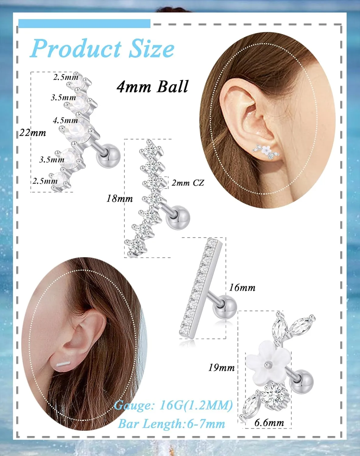 Tornito 9-30Pcs Cartilage CZ Stud Earrings Conch Forward Helix Tragus Daith Piercing Lip Rings Snake Heart Butterfly Jewelry for Women Men 16G Silver Gold Tone