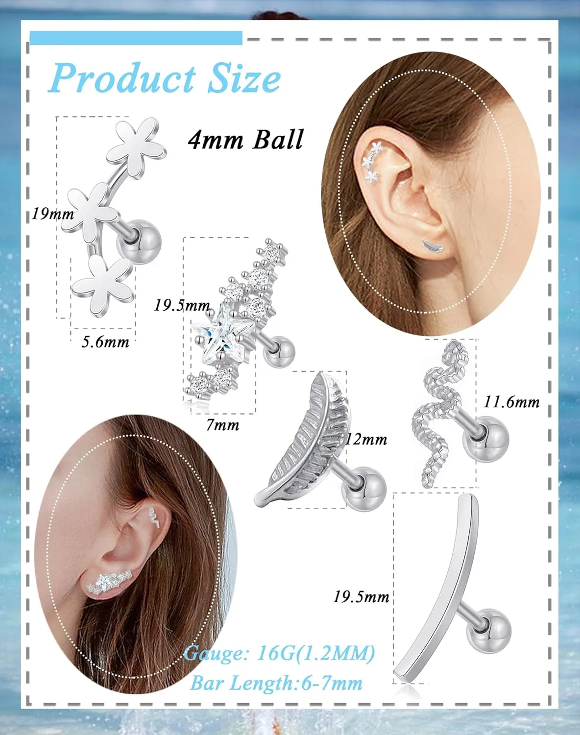 Tornito 9-30Pcs Cartilage CZ Stud Earrings Conch Forward Helix Tragus Daith Piercing Lip Rings Snake Heart Butterfly Jewelry for Women Men 16G Silver Gold Tone