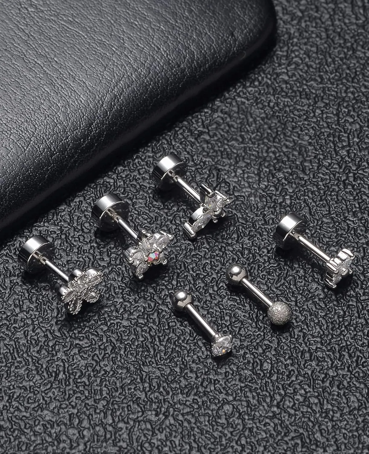 Tornito 9-30Pcs Cartilage CZ Stud Earrings Conch Forward Helix Tragus Daith Piercing Lip Rings Snake Heart Butterfly Jewelry for Women Men 16G Silver Gold Tone