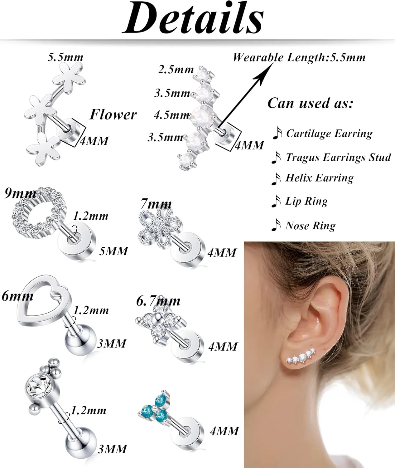 Tornito 9-30Pcs Cartilage CZ Stud Earrings Conch Forward Helix Tragus Daith Piercing Lip Rings Snake Heart Butterfly Jewelry for Women Men 16G Silver Gold Tone