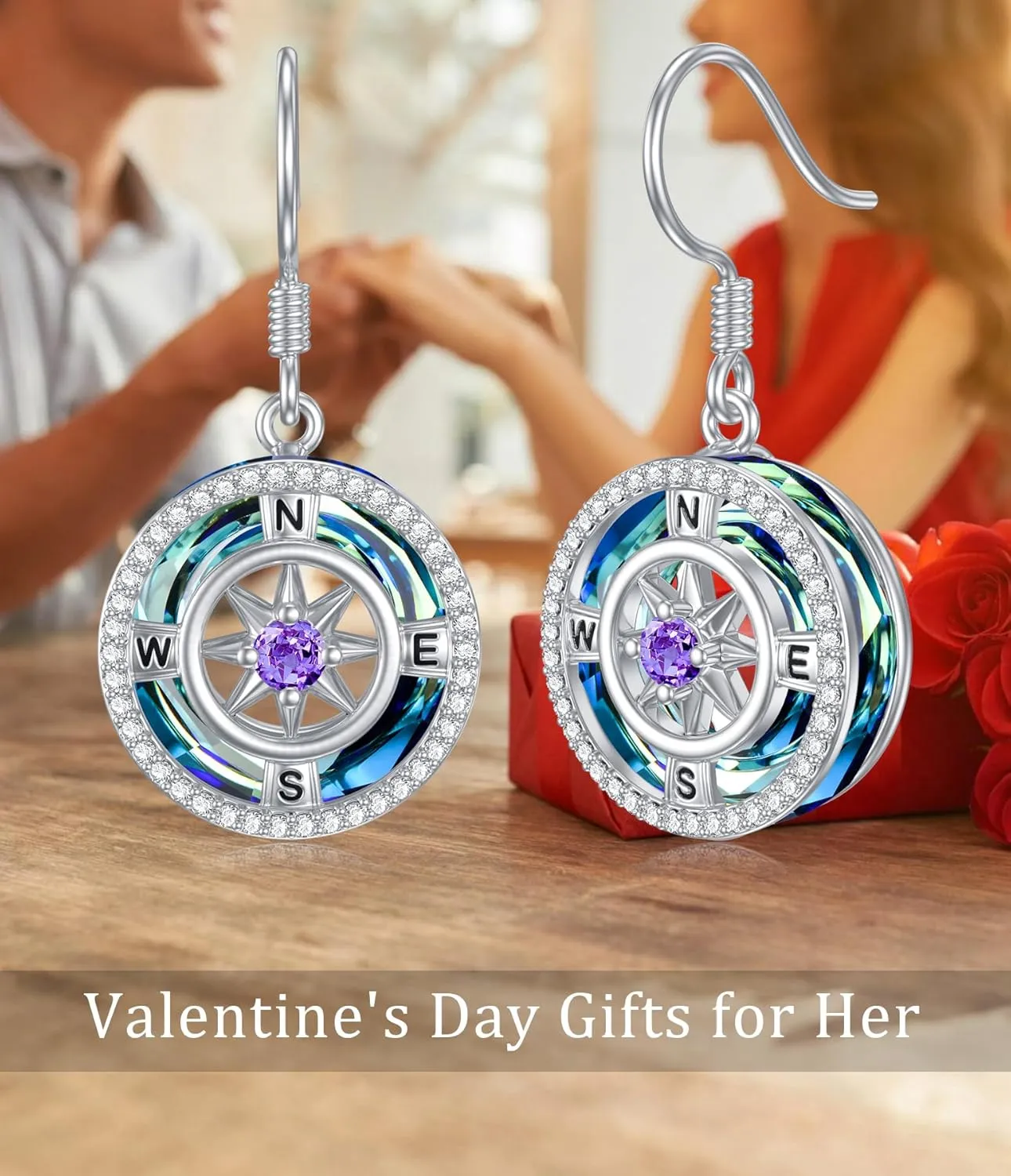 TOUPOP Birthstone Earrings for Women Sterling Silver Compass Dangle Earrings with Crystal Anniversary Birthday Jewelry Gifts for Her Wife Girlfriend
