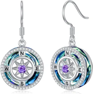 TOUPOP Birthstone Earrings for Women Sterling Silver Compass Dangle Earrings with Crystal Anniversary Birthday Jewelry Gifts for Her Wife Girlfriend