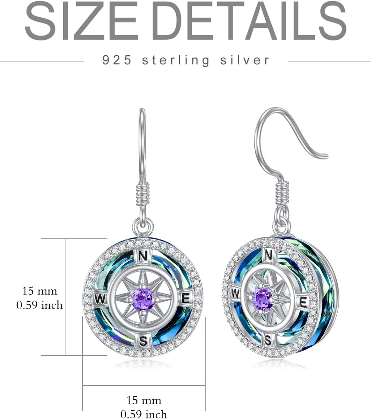 TOUPOP Birthstone Earrings for Women Sterling Silver Compass Dangle Earrings with Crystal Anniversary Birthday Jewelry Gifts for Her Wife Girlfriend
