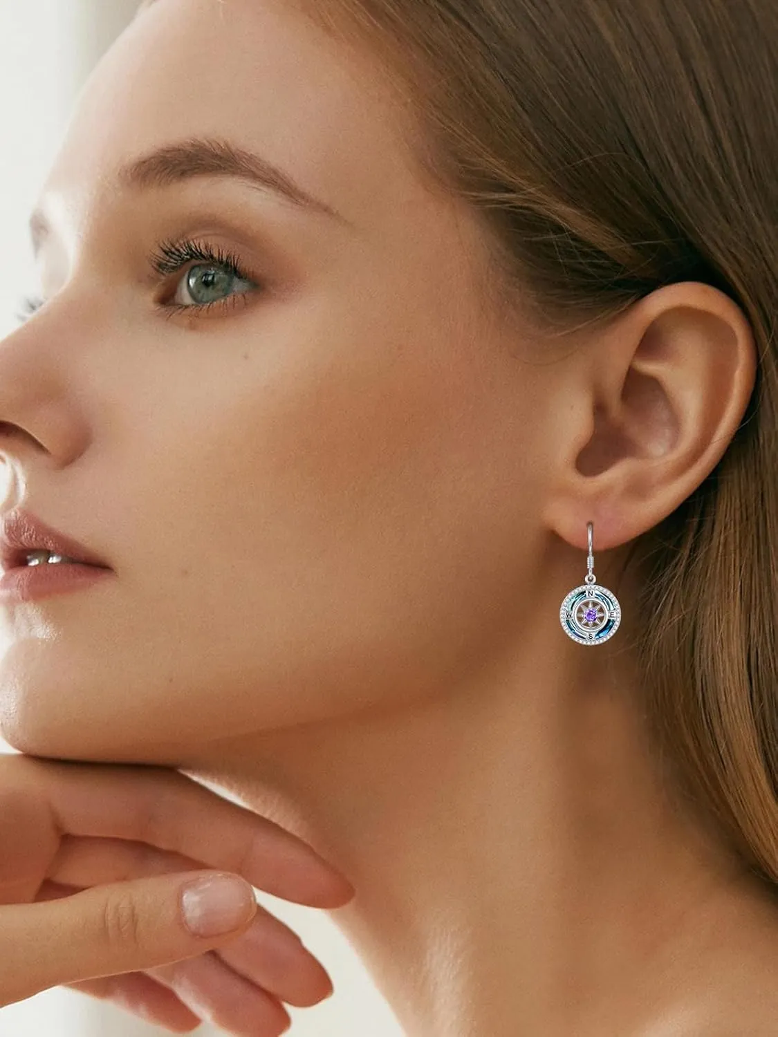 TOUPOP Birthstone Earrings for Women Sterling Silver Compass Dangle Earrings with Crystal Anniversary Birthday Jewelry Gifts for Her Wife Girlfriend