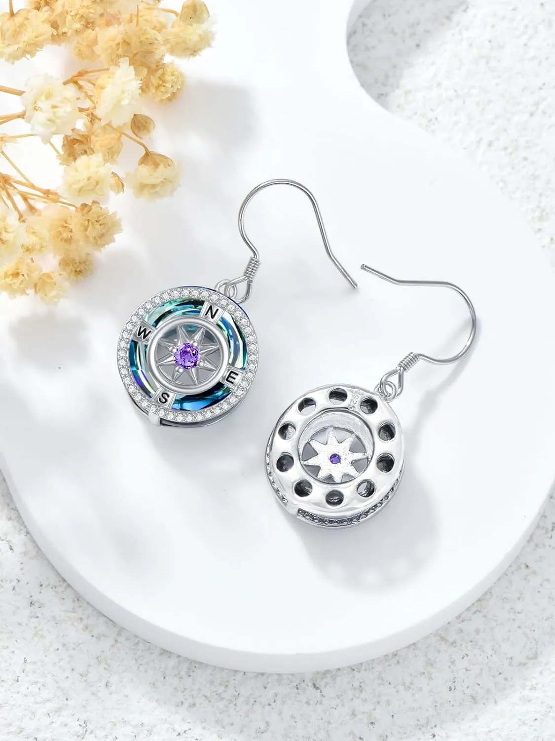 TOUPOP Birthstone Earrings for Women Sterling Silver Compass Dangle Earrings with Crystal Anniversary Birthday Jewelry Gifts for Her Wife Girlfriend