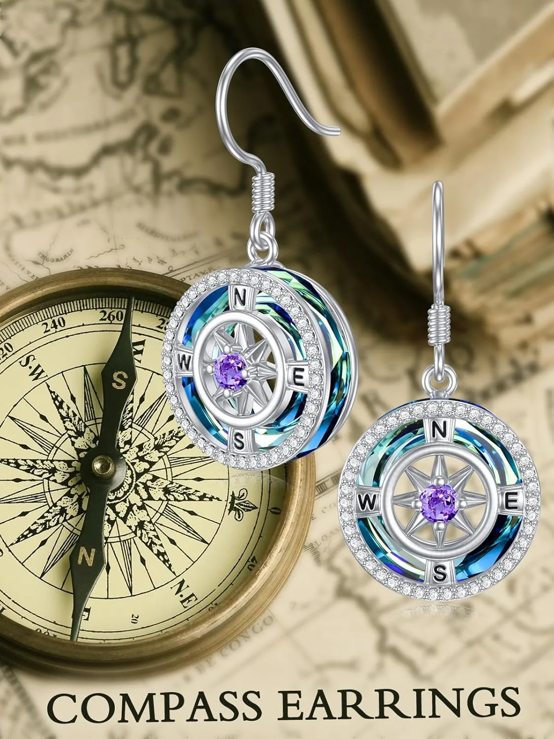 TOUPOP Birthstone Earrings for Women Sterling Silver Compass Dangle Earrings with Crystal Anniversary Birthday Jewelry Gifts for Her Wife Girlfriend