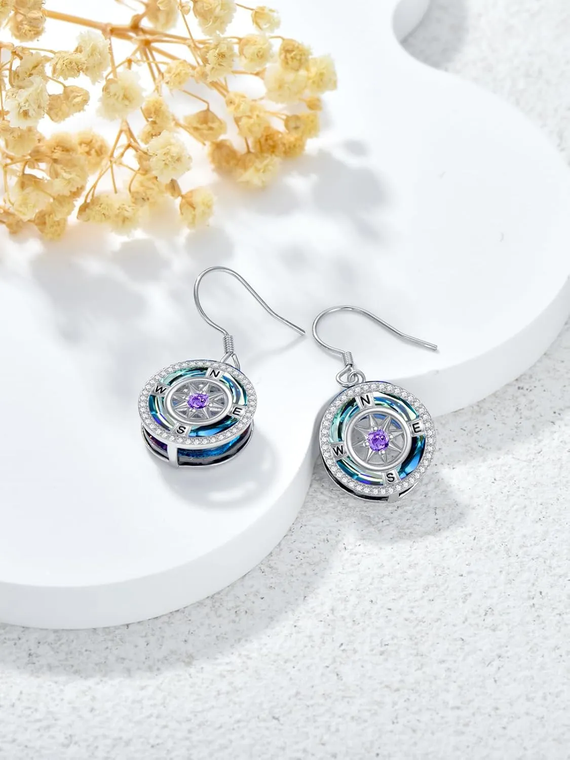 TOUPOP Birthstone Earrings for Women Sterling Silver Compass Dangle Earrings with Crystal Anniversary Birthday Jewelry Gifts for Her Wife Girlfriend