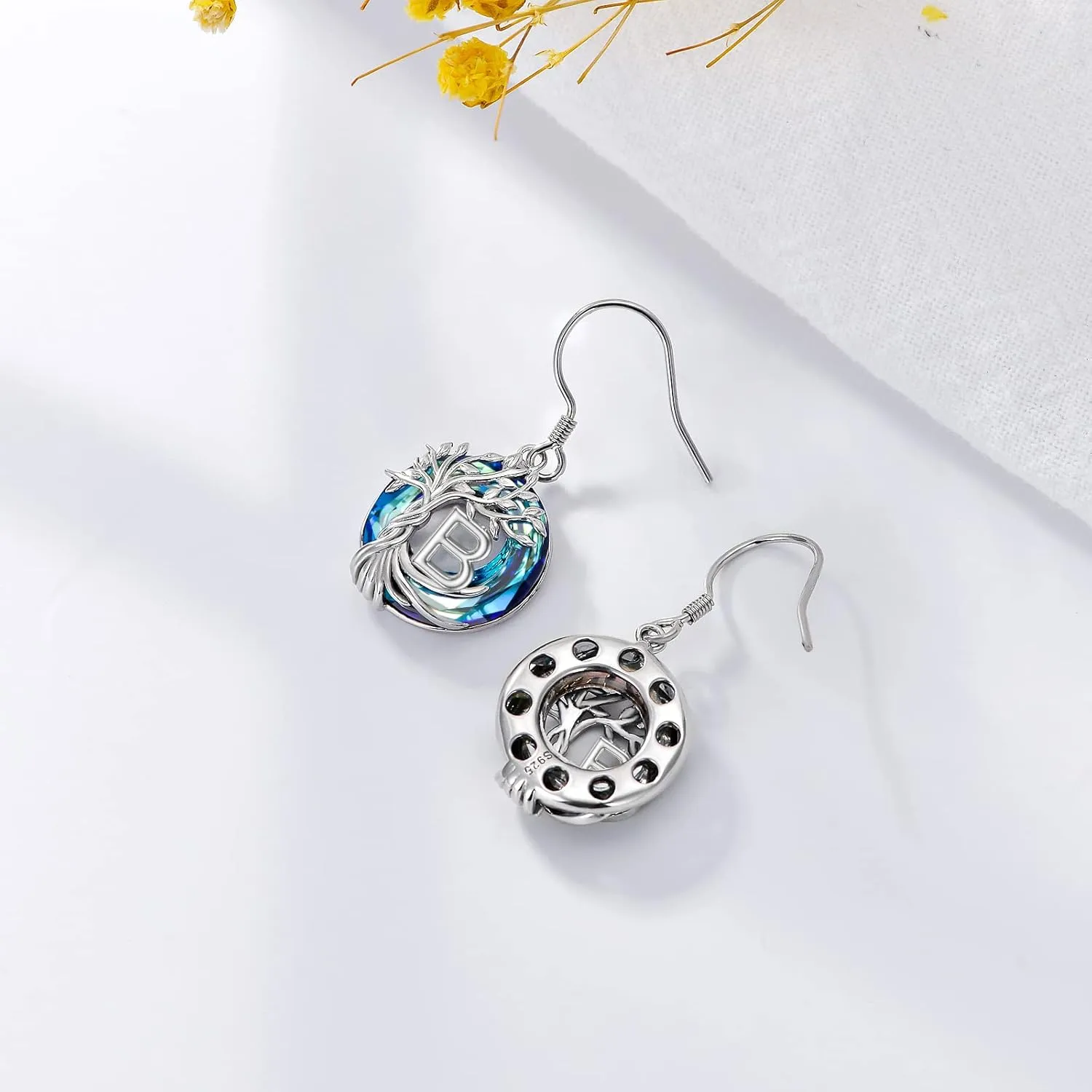 TOUPOP Gifts for Women Tree of Life Initial Earrings 925 Sterling Silver A-Z Letter Drop Dangle Earrings Blue Circle Crystal Jewelry Birthday Mothers Day Gifts for Women Her Girlfriend Mom
