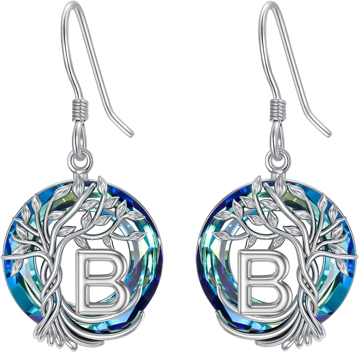 TOUPOP Gifts for Women Tree of Life Initial Earrings 925 Sterling Silver A-Z Letter Drop Dangle Earrings Blue Circle Crystal Jewelry Birthday Mothers Day Gifts for Women Her Girlfriend Mom